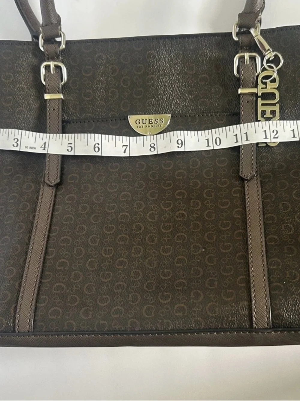 GUESS Brown Logo-Print Tote with Silver Logo Charm